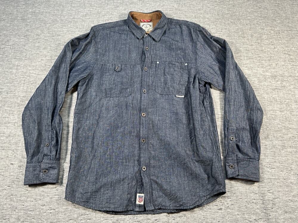 Iron & Resin Shirt Mens Large Blue Long Sleeve Cotton Linen Chambray Button-Up